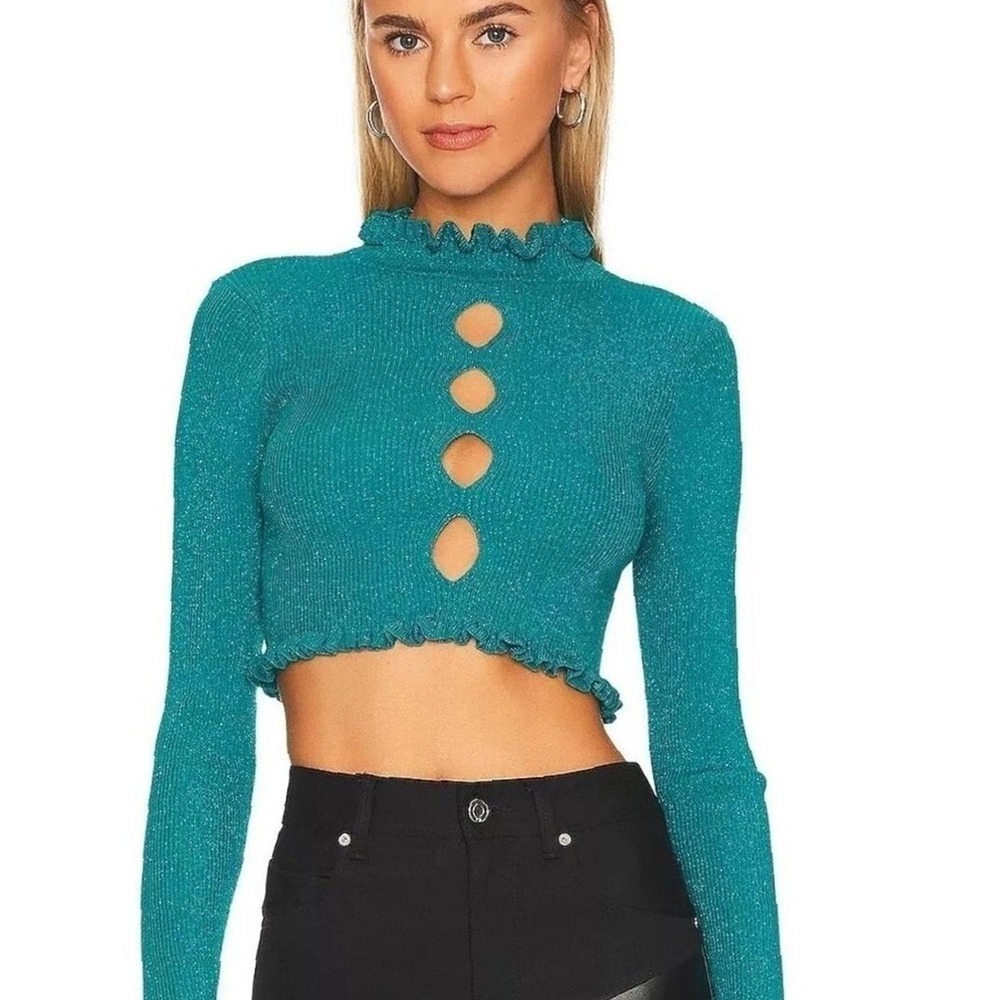 NWT For Love and Lemons Lorelei Cropped Turquoise Blue‎ Sweater Size Medium